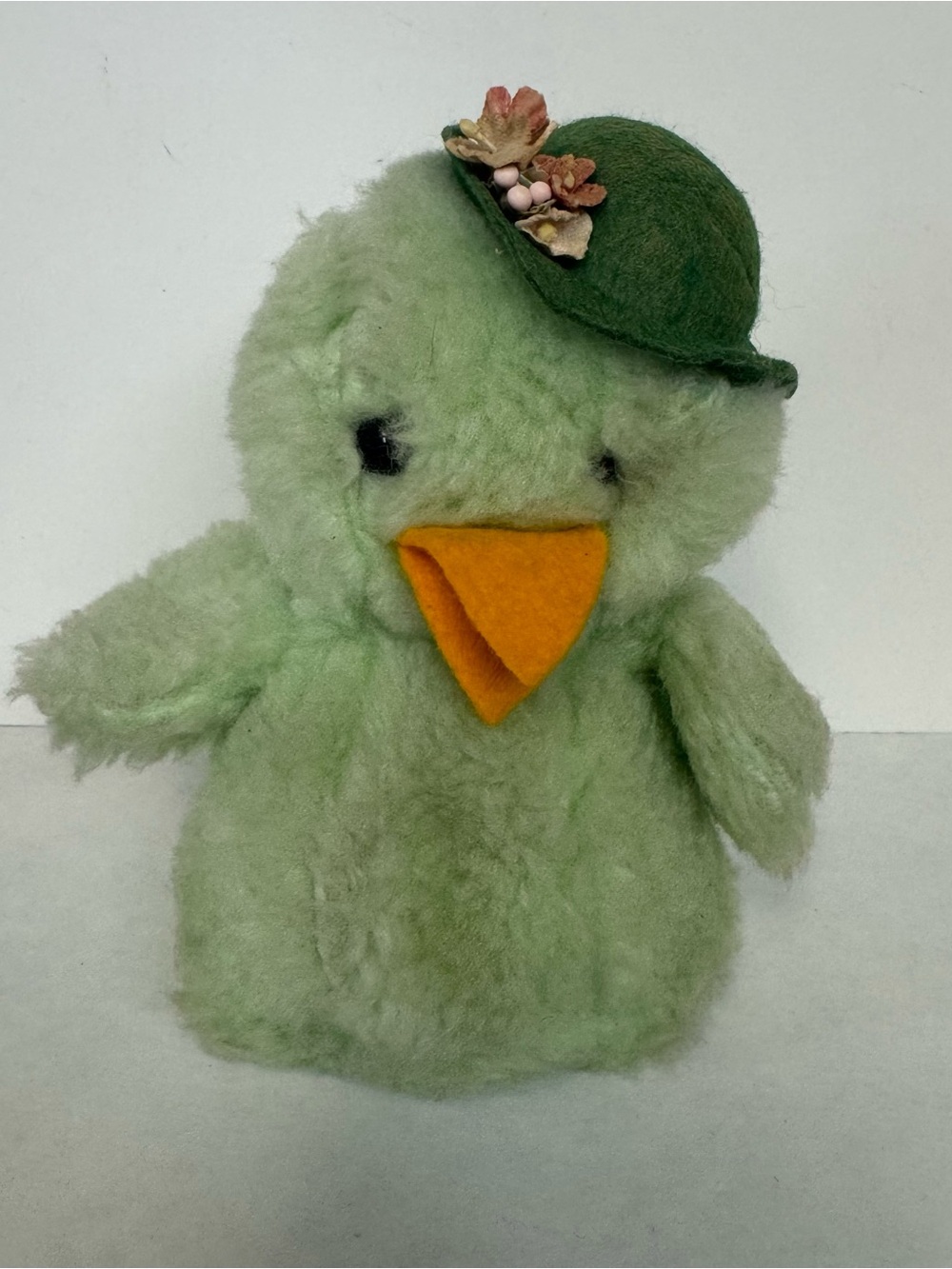 Rare Rushton Easter Chick Duck Plush 6” Mint Green Felt Beak Floral Hat Vintage